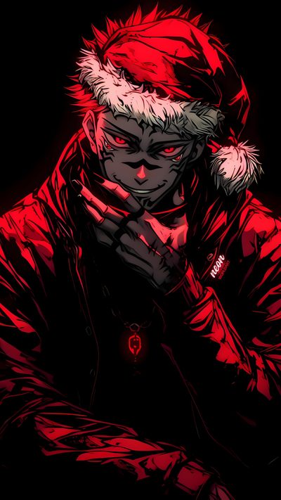 a man wearing a santa hat and holding his hands to his face while sitting down Sukuna Halloween Anime Mobile, Desktop, Neon, Christmas Special, Christmas, Phone, black