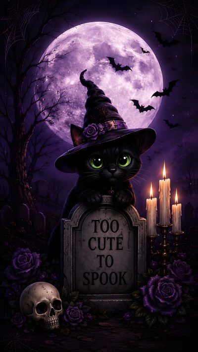 a black cat wearing a witches hat sitting in front of a tombstone with candles on it Purple And Black Halloween Digital, Phone, Bring It On, The Originals,