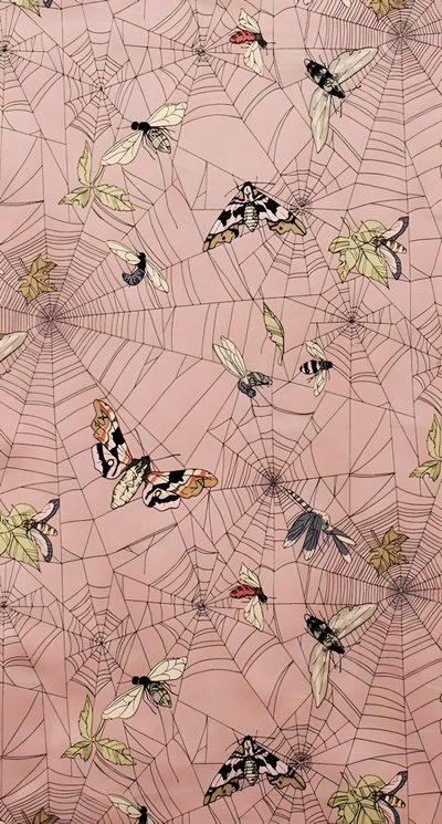 a pink background with lots of spider webs and moths on it's surface Halloween Insects Vintage Insect Pattern, Pink Background Spider Art, Bug Pattern, tan