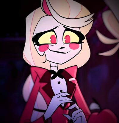 an animated cartoon character with red eyes and blonde hair, wearing a pink jacket and bow tie Happy Halloween Charlie Charlies Parents Hazbin Hotel, Happy Pride Month Hazbin Hotel, Hazbin Hotel Episode 6, black