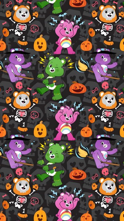 an image of halloween themed wallpaper with monsters and pumpkins on black background photo Care Bear Halloween Care Bears Halloween Background, Care Bears Halloween, Care Bear Halloween Ideas, dark slate gray