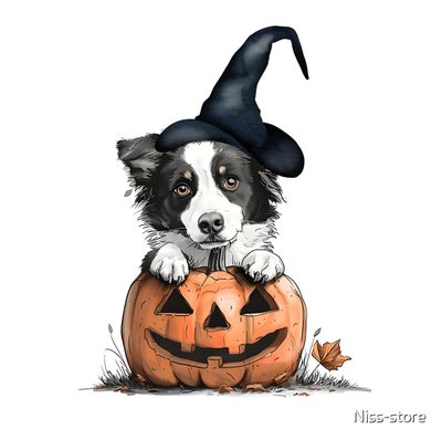 a black and white dog sitting on top of a pumpkin Halloween Border Collie Dog In A Pumpkin Drawing, Border Collie Halloween Background, Hollowshot Border Collies, white