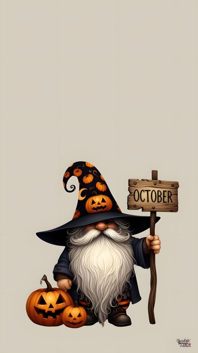 an illustration of a wizard holding a sign and pumpkins in front of his face Halloween Gnome Design Halloween Gnome Ideas, Halloween Gnomes, Halloween Gnome Iphone, silver