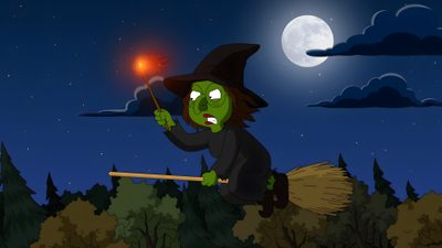 a cartoon witch flying through the night sky Family Guy Halloween High School Halloween Party, Patrick Warburton, Alex Borstein, dark slate gray