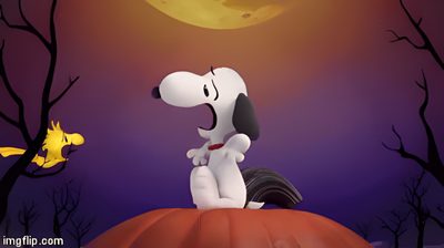 a cartoon dog sitting on top of a pumpkin Snoopy Halloween Gif Happy October Snoopy Gif, Snoopy Pumpkin Patch Gif, Happy Fall Snoopy Gif, dark slate gray
