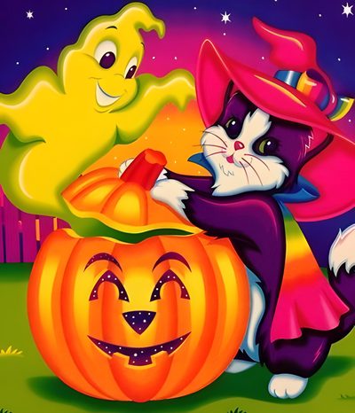 a painting of a cat in a witch costume with a pumpkin Lisa Frank Halloween Lisa Frank Photos, Lisa Frank 80s Or 90s, Lisa Frank Black Cat, chocolate