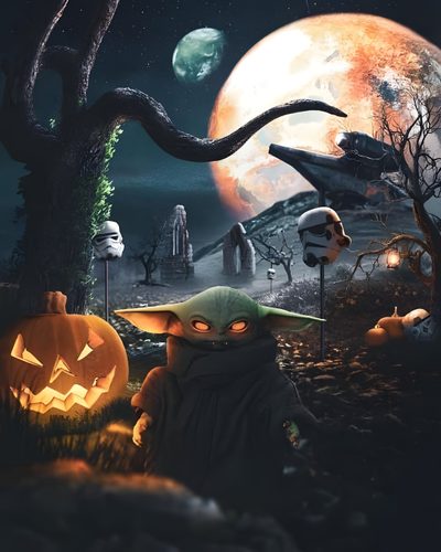 an image of a halloween scene with pumpkins and star wars characters in the background Star Wars Halloween Yoda Scenes, Mandalorian Halloween, Star Wars Thanksgiving, dark slate gray
