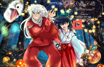 two anime characters standing next to each other in front of some pumpkins and trees Inuyasha Halloween Inuyasha, Halloween, sienna