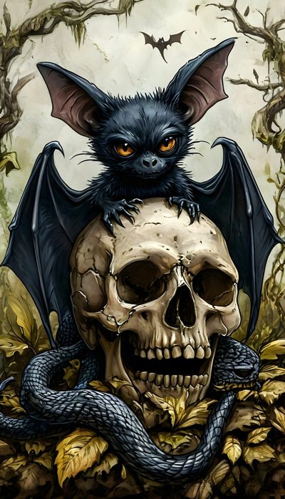 a painting of a skull with a bat on it's head and a snake wrapped around the skull Halloween Skull And Bat Bat Skull Drawing, Bat Skull Art, Bat Skull, Skull And Bat, dark olive green