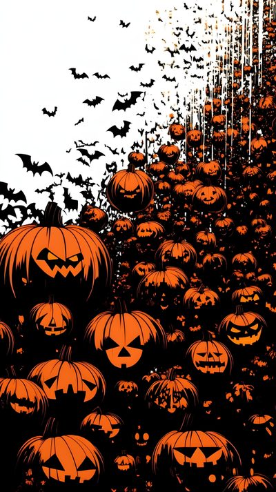 a large group of pumpkins with bats on them Halloween Attack Autumn Art, Halloween, maroon