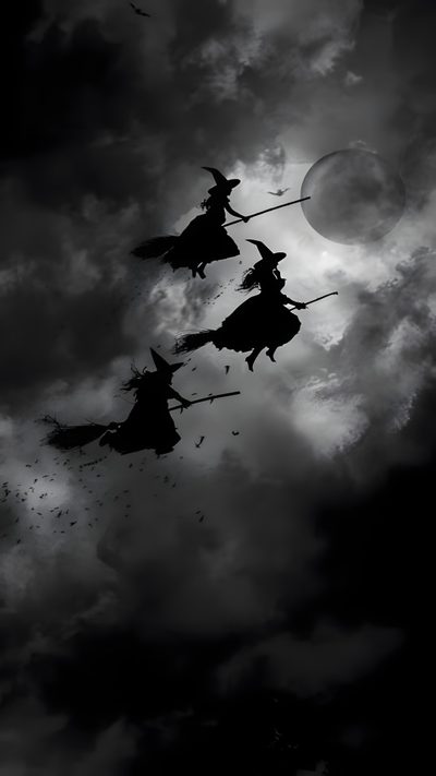 black and white photograph of three witches flying in the sky at night with full moon behind them Vintage Halloween Witch Gotik Tattoo, Photo Halloween, Witch, Halloween Iphone Backgrounds, black