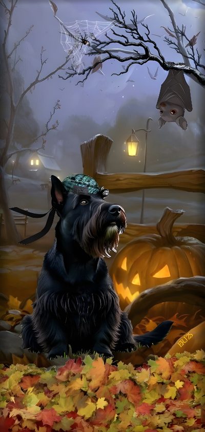 a black dog sitting on top of a pile of leaves in front of a halloween scene Halloween Scottish Terrier Weird Tattoos, Dreams And Nightmares, Scottish Terrier, dark olive green