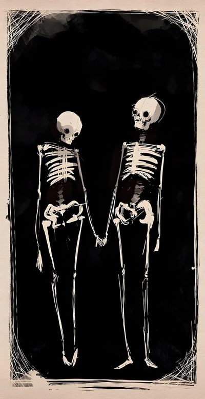 two skeletons standing next to each other in front of a black background with white writing on it Cute Aesthetic Halloween Skeleton Arte Doodle, Image Halloween, Manifesti Grafici, Skeleton Art, black