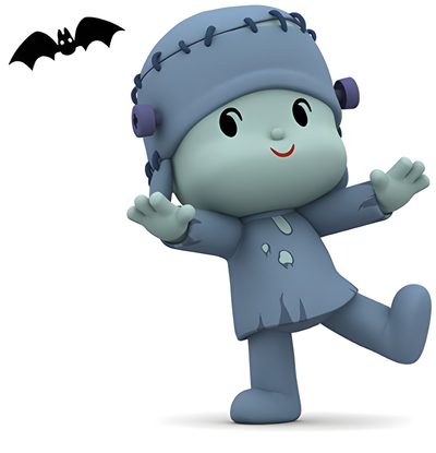 a cartoon character is running with a bat in the air Pocoyo Halloween Pocoyo Halloween Costume, Pocoyo Black, Pocoyo Green Alien, Pocoyo And Nina Gif, white