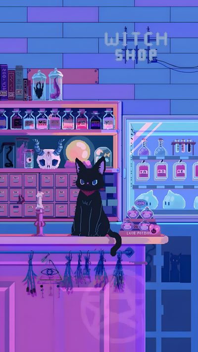 a black cat sitting on top of a counter next to a shelf filled with items Vaporwave Halloween Dark Lofi, Galaxy Flip 7, Flip 6, Flip Gif, Vaporwave Gif, Z Flip 7 Gif, slate blue