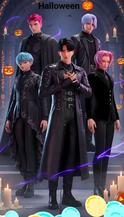 an image of some people dressed up in halloween costumes with candles and pumpkins behind them Saja Boys Halloween Kpop Demon Hunters Avatar World, Kpop Demon Hunter Moving, Saja Boys, dark slate gray