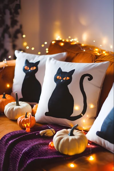 three pillows with black cats on them and pumpkins around the edges, sitting on a couch Halloween Black Cat Pillow Monster Bookmark, Porch Steps, Battery Operated Lights, White Balloons, sienna
