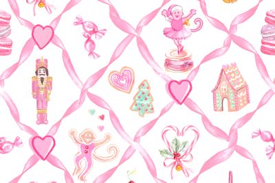 a pink background with lots of different items on it and ribbons in the shape of hearts Roller Rabbit Halloween Pink Christmas Mac, Cute Christmas Laptop Bows, Christmas Macbook Pink, white