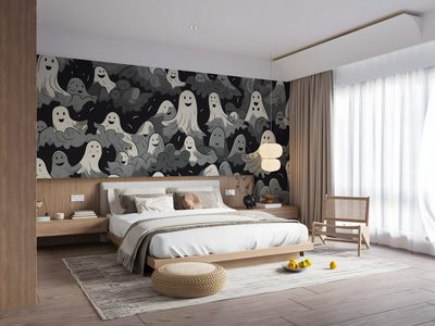 a bed room with a neatly made bed next to a large painting on the wall Halloween Ghost For Bedroom Halloween Room, Halloween For Bedroom, Spooky For Home, rosy brown
