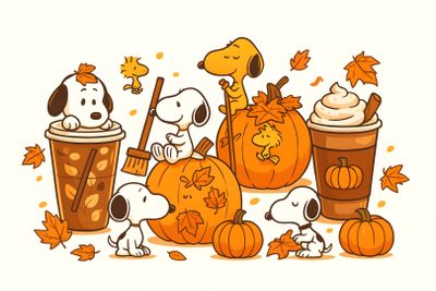 a group of cartoon characters sitting around pumpkins and cups with drinks in them on a white background Snoopy Halloween Desktop Peanuts Gang, Kawaii Stickers, Fall Scrapbook, Snoopy Images, floral white