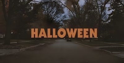 the word halloween spelled out in front of a road surrounded by trees and leaves on an overcast day Halloween Medium Widget Season Of The Witch, Laptop, Retro Horror, The Boogeyman, dark slate gray