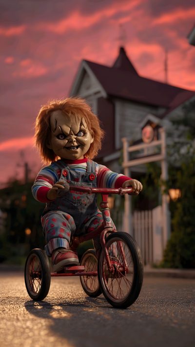 a creepy doll is riding a tricycle down the street at dusk with a house in the background Chucky Halloween Scary Chucky, Chucky 4k Iphone, Chucky Scary, 4k Chucky, Chucky Doll Iphone, dark olive green