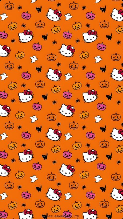 an orange background with hello kitty faces and pumpkins Hello Kitty Iphone Halloween Backgrounds Halloween, Hello Kitty Halloween Ipad, Halloween Hello Kitty For Ipad, chocolate