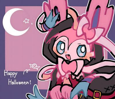 a pink and black cartoon character with a happy halloween message Halloween Sylveon Hd Eevee Comic, Eevee Cute, Pokemon Eevee Evolutions, Eevee Evolutions, rosy brown