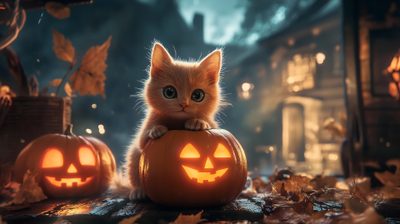 a kitten sitting on top of two pumpkins with faces carved into it's heads Halloween Kitten Hd Halloween Cats Laptop, Halloween Desktop 4k, Generic Halloween Cat Desktop, dark slate gray