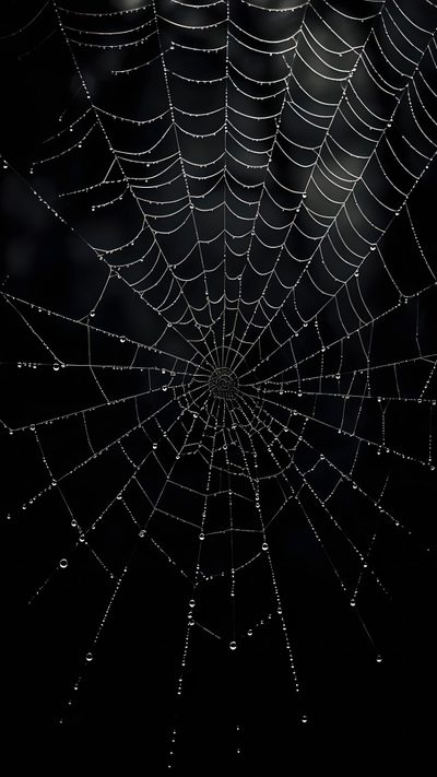 a spider web with water drops on it's surface in the dark night sky Spider Web Halloween Spider Hanging From Web Silhouette, Spider Web Black, Black Spider Web,