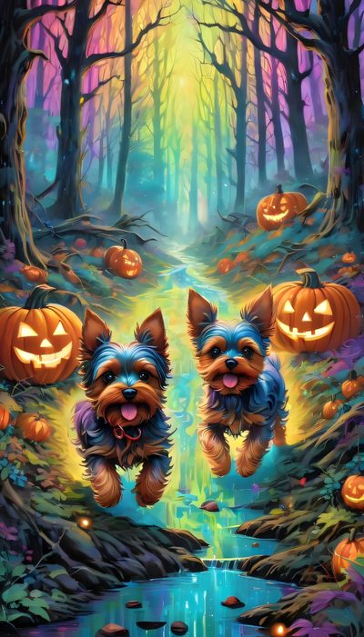 two dogs are running through the woods with jack o lantern pumpkins in the background Yorkie Halloween Halloween Dogs, Halloween Dog, Yorkie, Yorkie Autumn Pictures, Yorkshire Terrier, dim gray