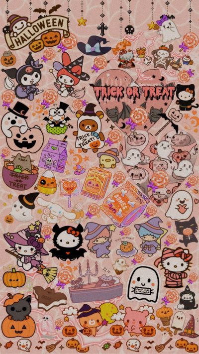 an image of halloween stickers on a pink background Sanrio Hello Kitty Halloween Hello Kitty Halloween, Halloween Iphone Backgrounds, Halloween Backgrounds, rosy brown