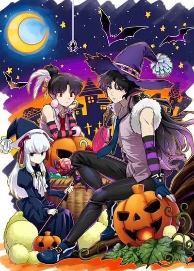 some anime characters are sitting on pumpkins Inuyasha Halloween Inuyasha Halloween, Inuyasha Witch, Inuyasha Group Picture, Inuyasha Official Art, dim gray