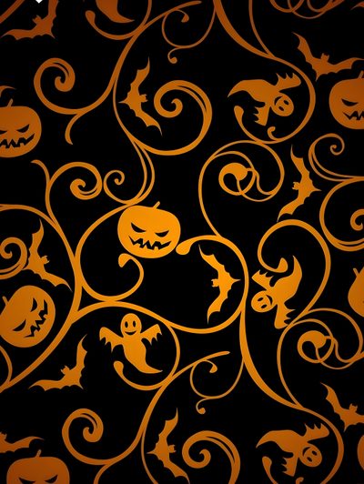 an orange and black background with pumpkins, bats and swirly vines on it Halloween Trellis Ikat Custom Halloween Iphone, Halloween, Iphone Background Quote, black