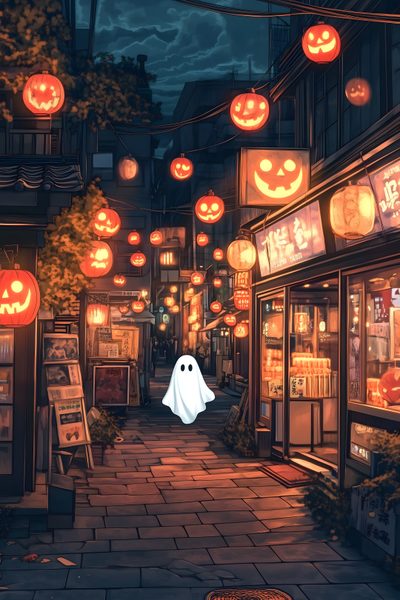 a ghost is in the middle of an alley with halloween decorations hanging from it's ceiling Japanese Halloween Japan Halloween, Cute Halloween Landscape, Cozy Spooky, Halloween Ipad, dark slate gray