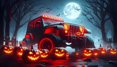 a jeep decorated for halloween with pumpkins and jack - o'- lanternes Halloween Jeep Halloween Themes, Jeep, Festival, dark slate gray