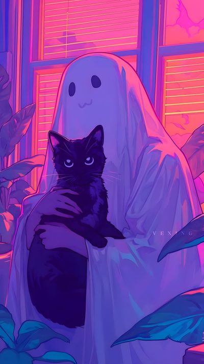a black cat sitting on top of a chair in front of a ghost holding a plant Vaporwave Halloween Ghost And Cat, Cat Ghost, Haunted Cat, Lofi Halloween, Spooky Cats, slate blue