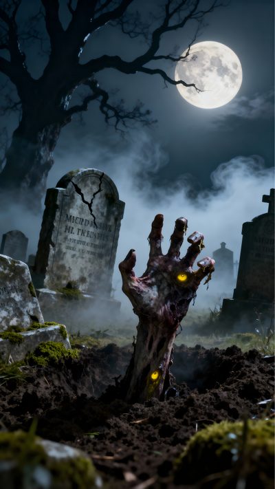 a spooky zombie hand in the middle of a graveyard Halloween Zombie Zombie Theme, Rip Design, Wonderland Artwork, Animated Movie Posters, dark slate gray