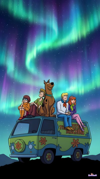the scoozie family is sitting on top of their van under the aurora bore Scooby Doo Halloween Iphone Scooby Doo Pictures, Scooby Doo Mystery Inc, Scooby Doo Movie, dark slate blue