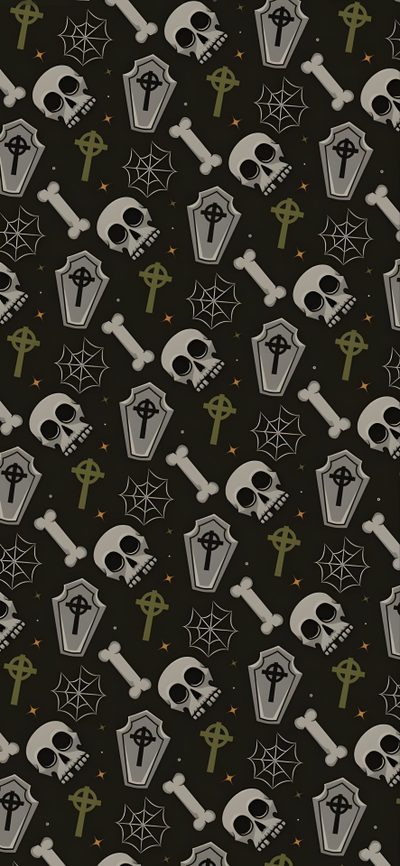 a black and white pattern with skulls, crosses and other items on it's surface Cute Halloween Coffin Goth Phone Background, Coffin, Spooky Pattern, Spooky Coffin, Cute Horror, black