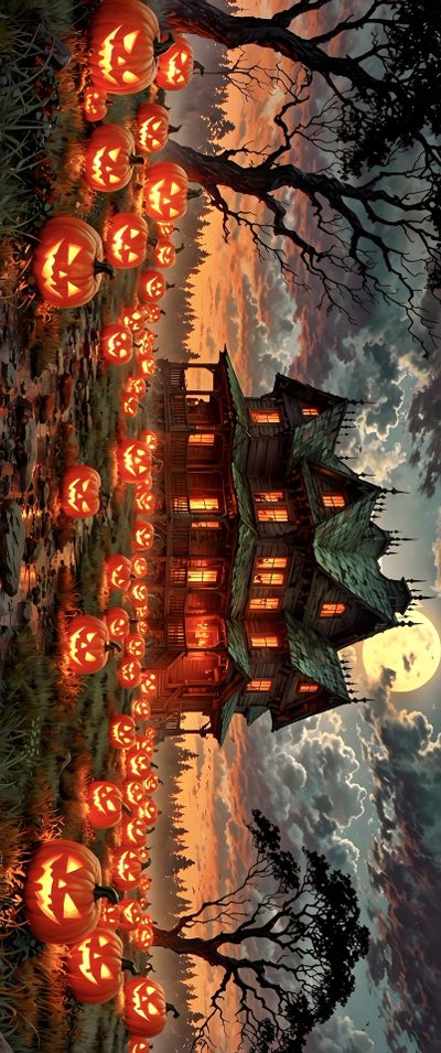 pumpkins are lit in front of a castle with trees and moon behind them at night Hd Halloween Desktop Horizontal Halloween, Halloween Horizontal, Pc Halloween, dark olive green