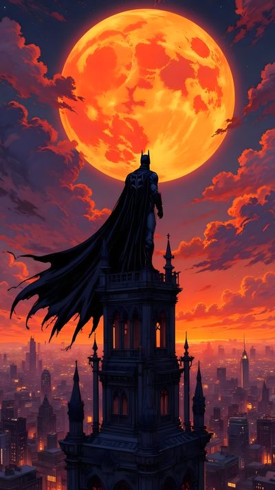 the dark knight rises on top of a building in front of an orange full moon Batman Halloween Batman Night Sky, Batman Sky, Batman In The Moon, Batman Landscape, saddle brown