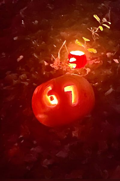 two pumpkins with faces carved into them sitting on the ground next to each other 67 Halloween Pumpkin Carving, Brainrot Pumpkin, Halloween Art, Halloween, maroon