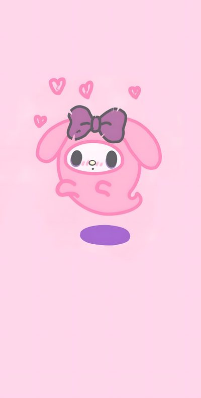 a pink bunny with a bow on its head and hearts flying around her ears, in the My Melody Halloween Melody Ghost, My Melody Halloween Background, Hello Kitty My Melody Halloween, misty rose