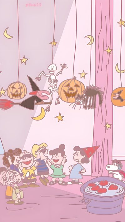 a group of cartoon characters standing in front of a window with halloween decorations hanging from the ceiling Pink Snoopy Halloween It's The Great Pumpkin, Cute Halloween Snoopy, Snoopy Halloween Ipad, gainsboro
