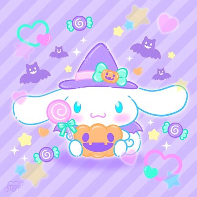 an animal with a candy in its hand and many other items around it on a purple striped background Cinnamon Roll Hello Kitty Halloween Cinnamon Roll Hello Kitty Halloween, Sanrio Halloween Pictures Cinnamoroll Halloween, Cinnamoroll Halloween, lavender