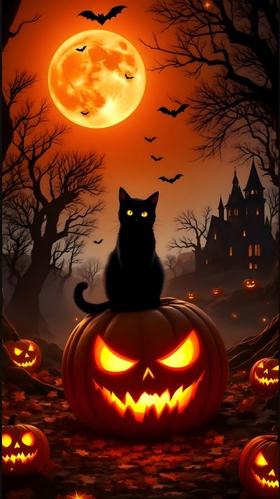 a black cat sitting on top of a pumpkin in front of a full moon with bats Free Halloween Cat Pumpkin Illustration, Happy Halloween Pictures, Pumpkin, Halloween Havoc, maroon