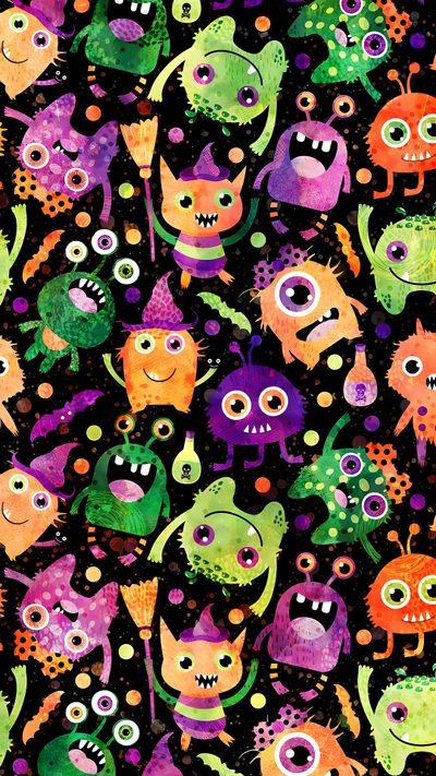 an image of many different colored monsters on a black background with orange, green and purple colors Kids Halloween Costume Custom Removable Halloween Scene, Cute Monster Background, Monster Mash Background, dark slate gray