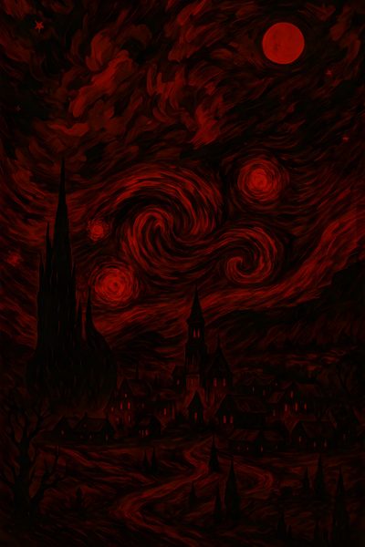 an image of a painting with red and black colors Burgundy Halloween Infierno, Dark Rojo, Red Van Gogh, Dark Starry Night Art, Red Starry Night Painting, black