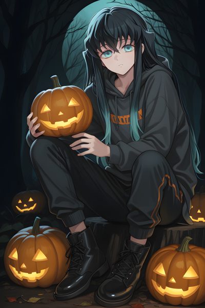 a person sitting in front of some pumpkins Halloween Muichiro Demon Slayer Halloween, Cute Anime, Demon Slayer, Anime, Halloween, Manga, black
